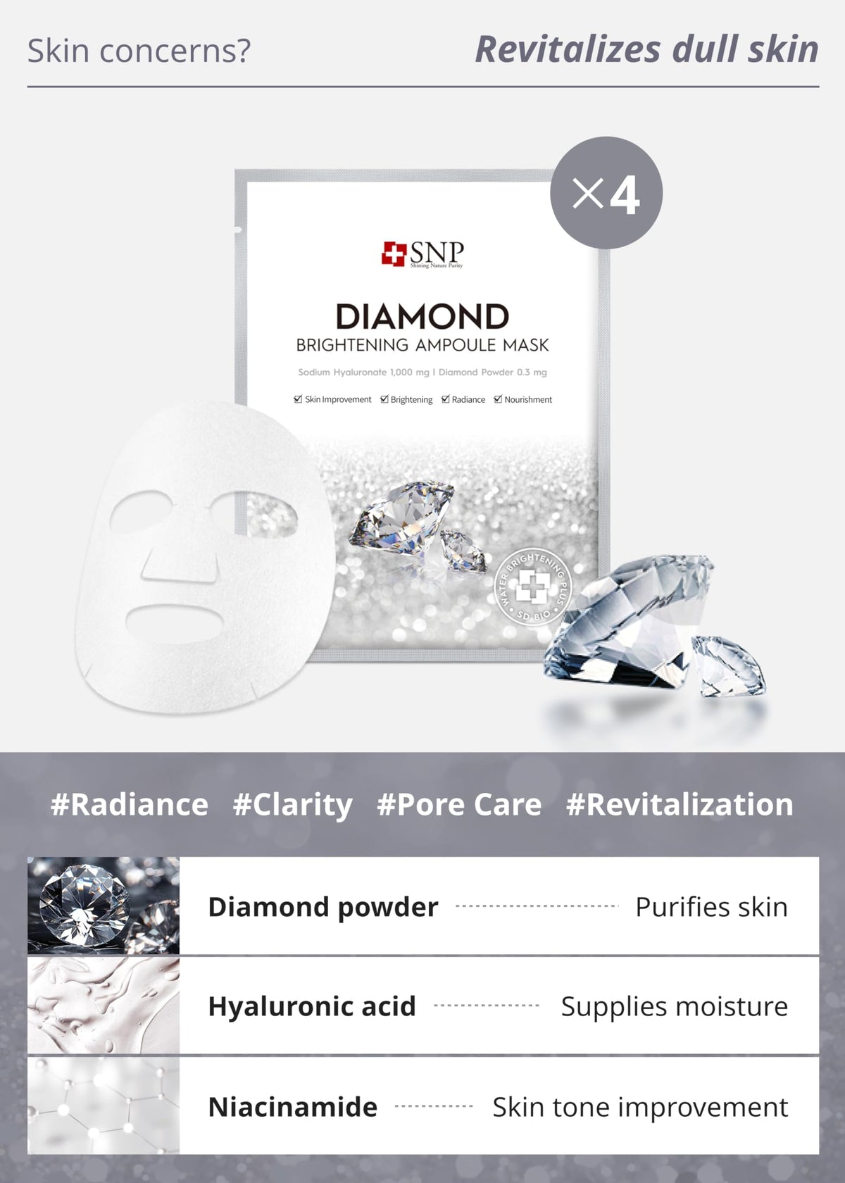 SNP Diamond mask close-up showing fine powder texture to refine and brighten