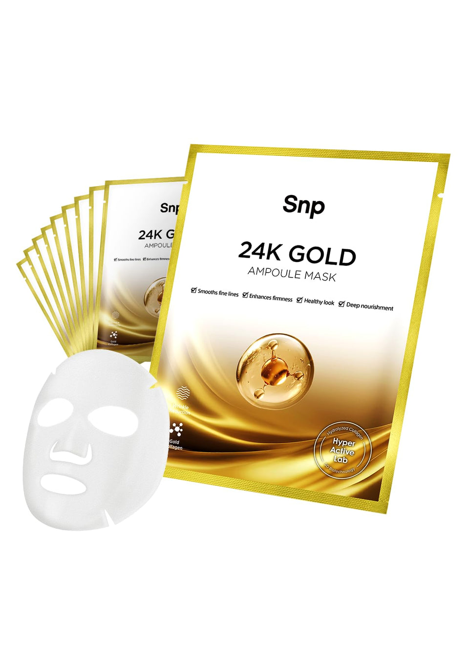 SNP front packaging of 10 sheets showing product benefits and gold accents