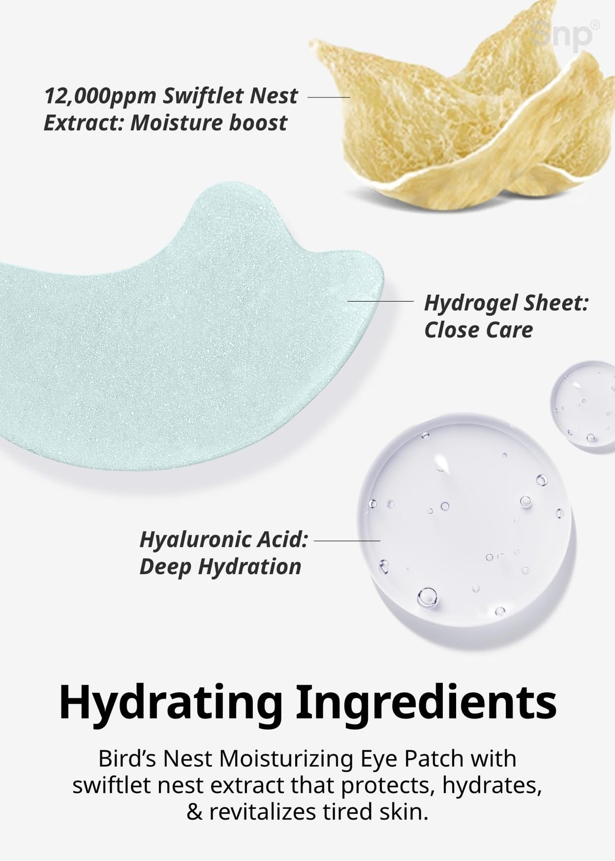 SNP ingredient label featuring bird's nest extract and hyaluronic acid