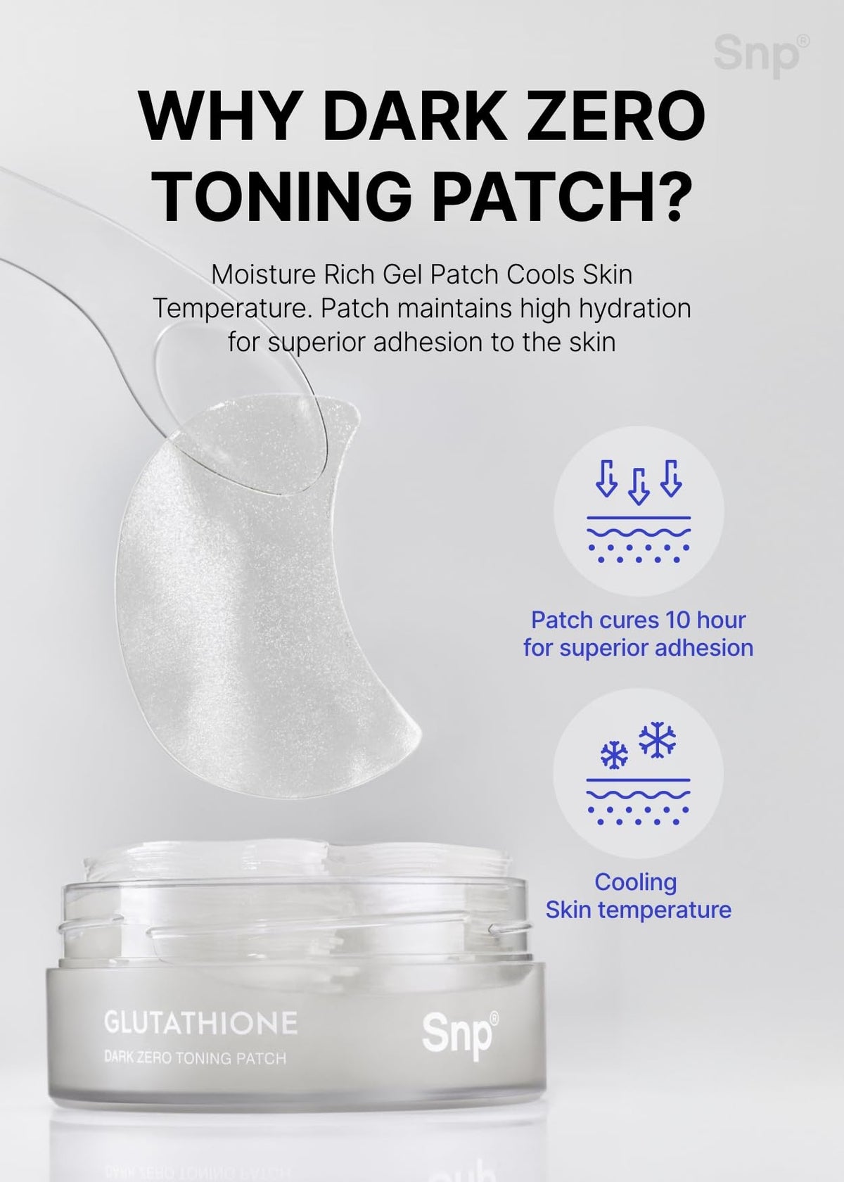SNP patch in a bathroom routine scene suggesting calming, at-home skincare refresh