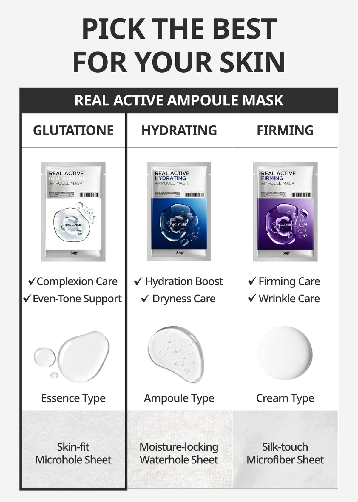 SNP masks displayed on bathroom vanity for a relaxing routine