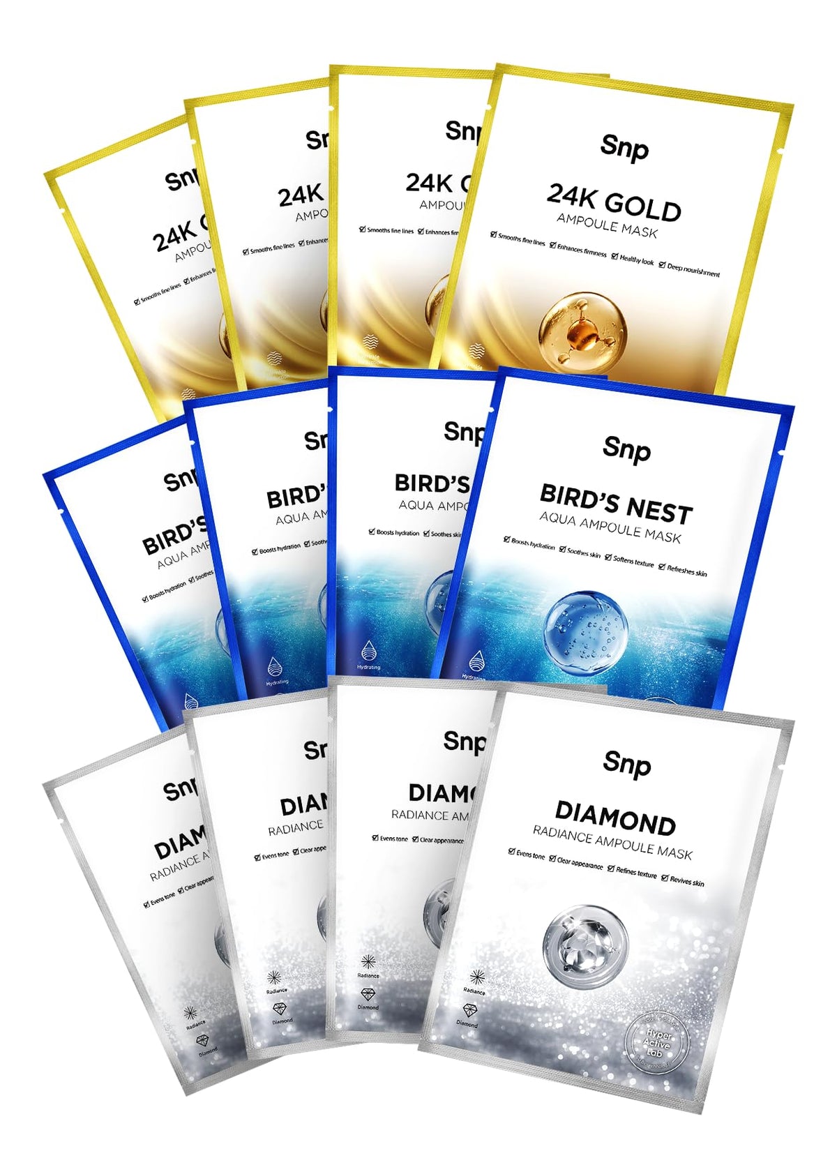 SNP front packaging of variety ampoule sheet mask set showing three variants and benefits