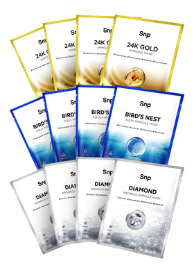 SNP front packaging of variety ampoule sheet mask set showing three variants and benefits