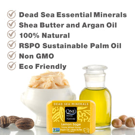 One With Nature soap lather in hand illustrating gentle cleanse and moisturizing benefit