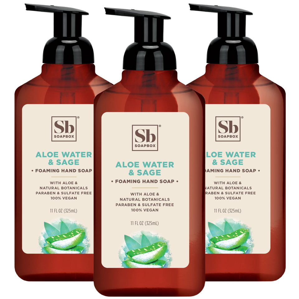 Soapbox front packaging showing aloe water and sage scent and three-bottle pack benefit
