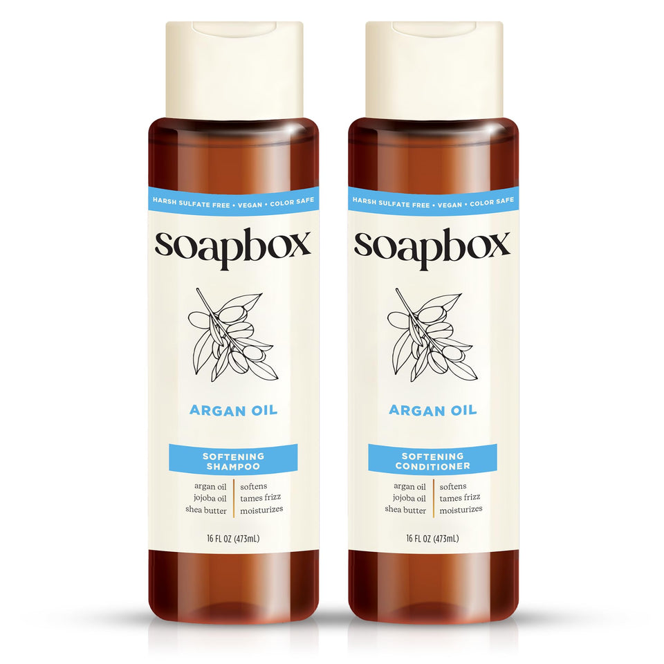 Soapbox front label showing argan oil and vanilla benefits