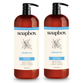 Soapbox front packaging showing both 1L bottles and vanilla scent benefit