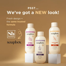 Soapbox back label with ingredient list and free-from badges for ingredient transparency