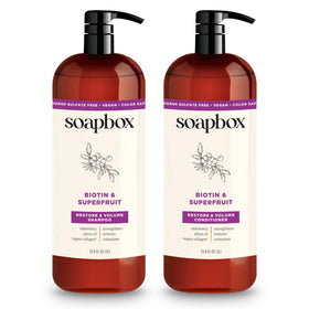 Soapbox front packaging showing biotin and super fruit benefits