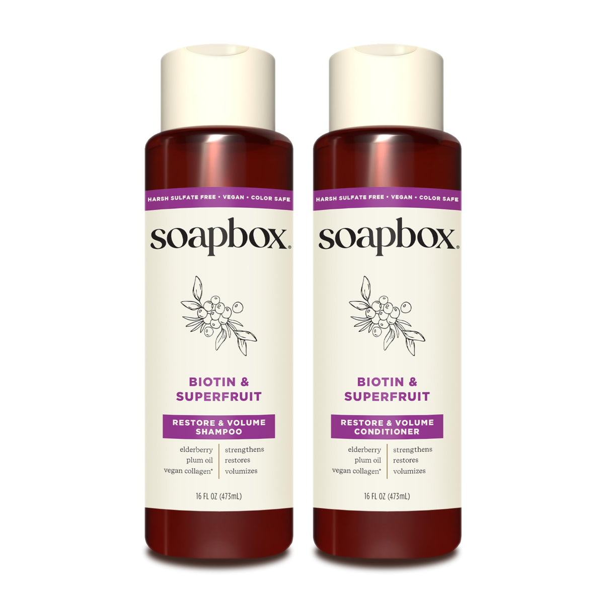 Soapbox biotin & super fruit front packaging showing bottles and benefits
