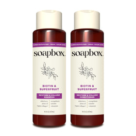 Soapbox biotin & super fruit front packaging showing bottles and benefits