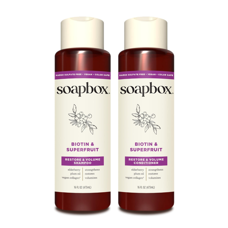 Soapbox biotin & super fruit front packaging showing bottles and benefits