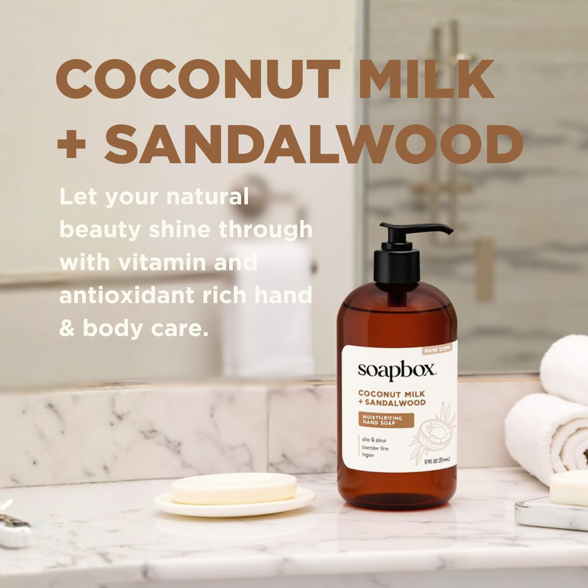 Soapbox bottle on bathroom vanity conveying daily use convenience