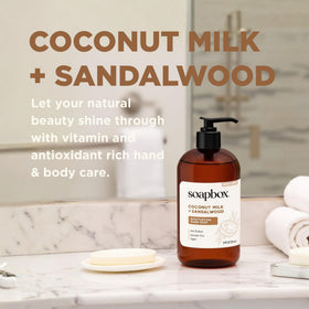 Soapbox bottle on bathroom vanity conveying daily use convenience
