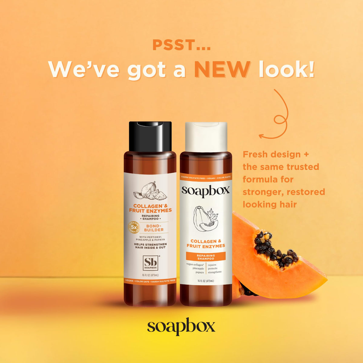 Soapbox label close-up highlighting collagen, fruit enzymes and clean ingredients