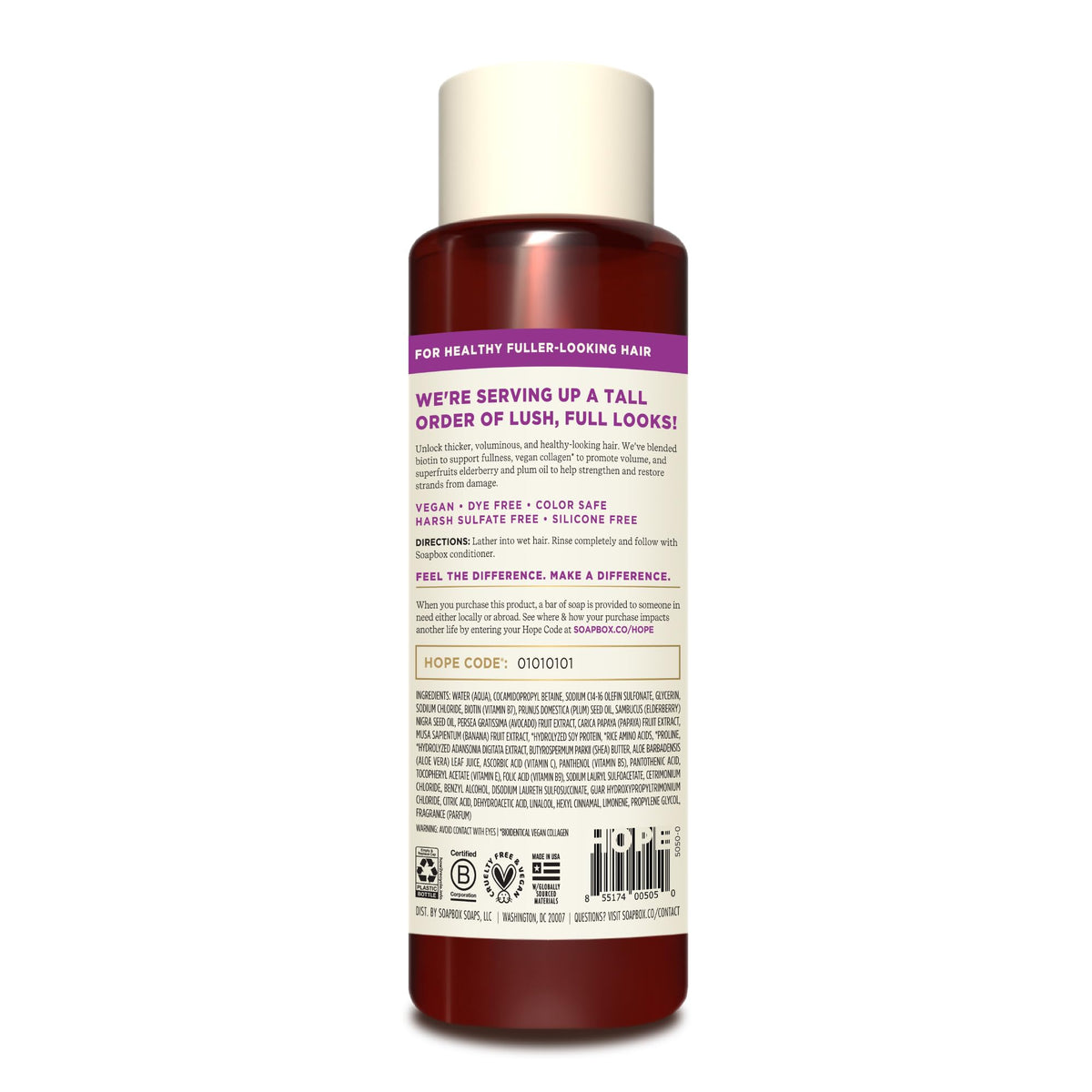 Soapbox label close-up highlighting biotin, elderberry, and vegan collagen