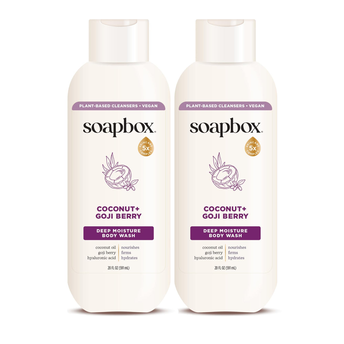 Soapbox front packaging showing coconut and goji berry, clarifies hydrating benefit