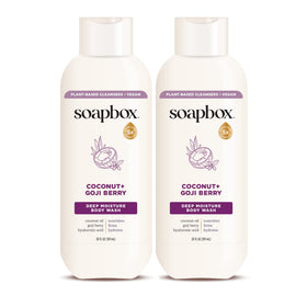 Soapbox front packaging showing coconut and goji berry, clarifies hydrating benefit