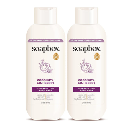 Soapbox front packaging showing coconut and goji berry, clarifies hydrating benefit