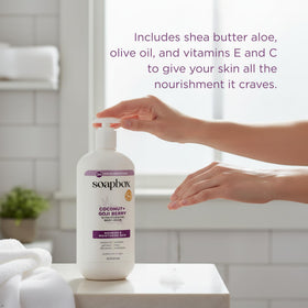Soapbox ingredients with coconut and goji berry highlighting natural boost