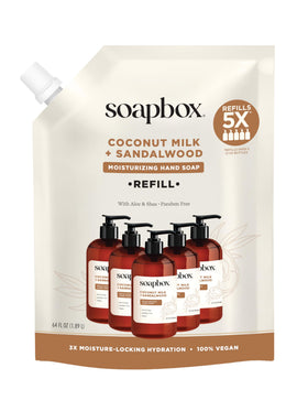Soapbox front packaging of coconut milk sandalwood refill showing brand and size benefits