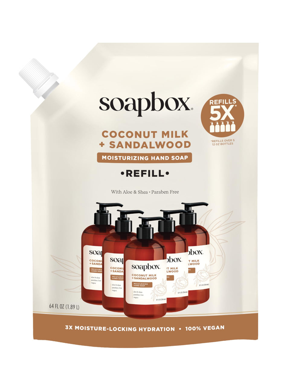Soapbox front packaging of coconut milk sandalwood refill showing brand and size benefits