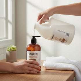 Soapbox next to a standard bottle for scale and bulk savings