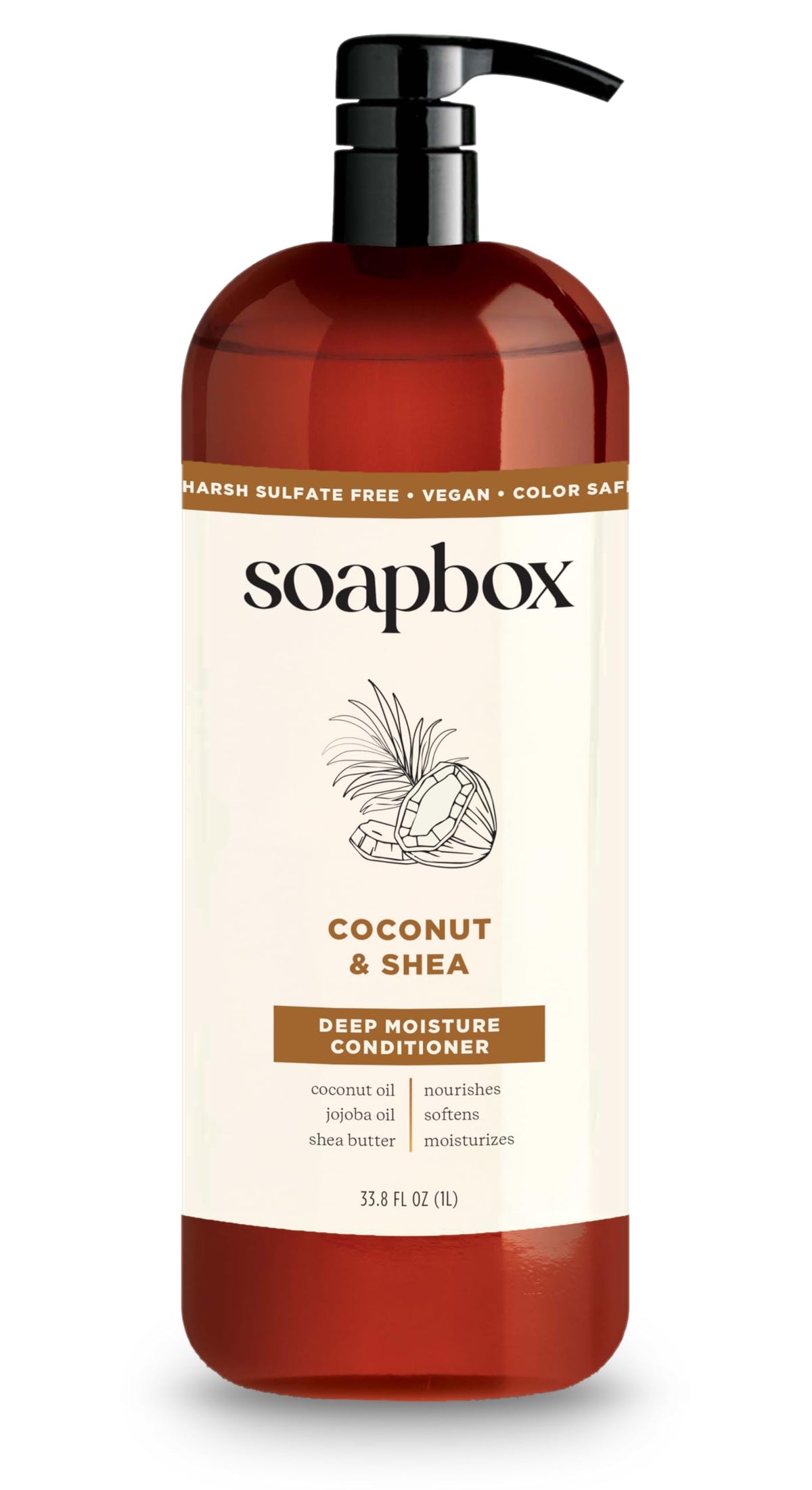 Soapbox Coconut & Shea front packaging showing liter bottle and brand benefit