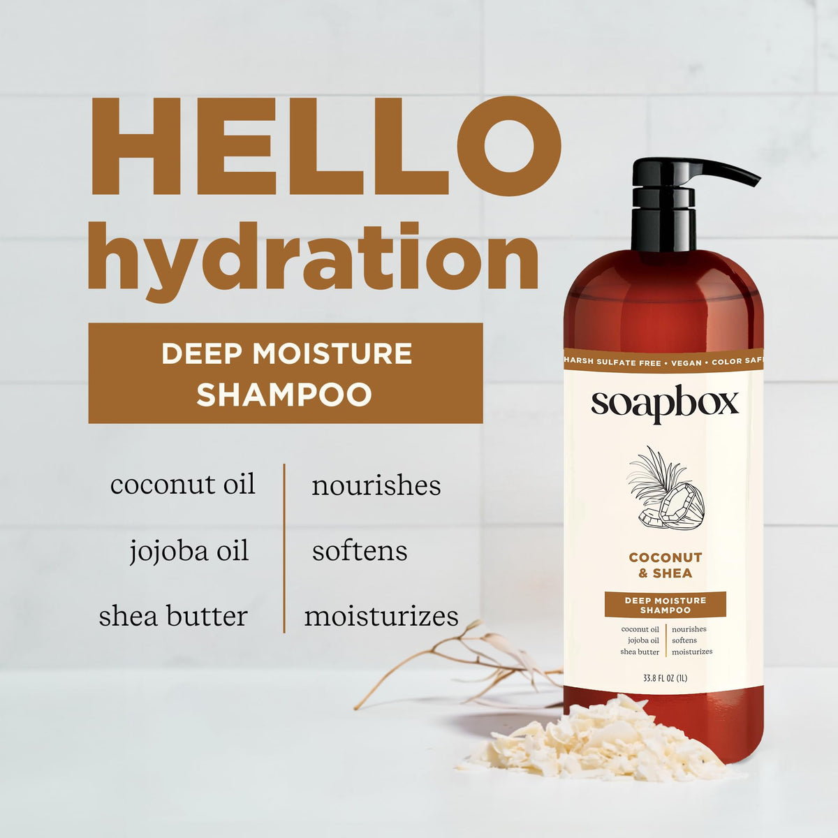 Coconut and shea butter ingredients beside bottle highlighting Soapbox nourishment