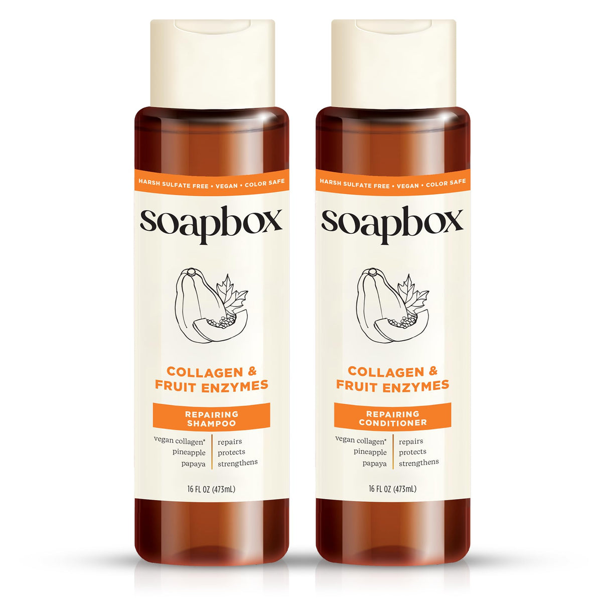 Soapbox front packaging showing bottles and product benefits for repair