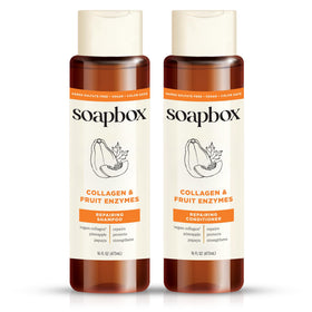 Soapbox front packaging showing bottles and product benefits for repair