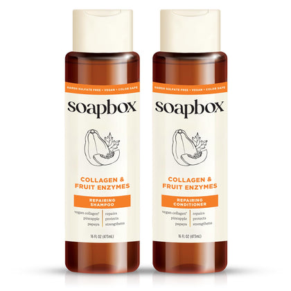 Soapbox front packaging showing bottles and product benefits for repair