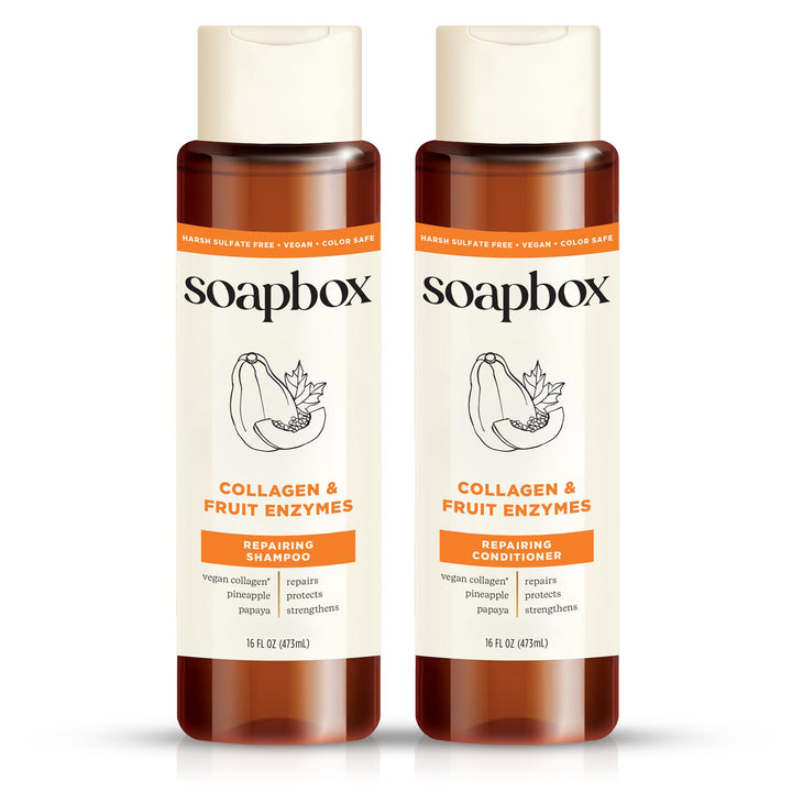 Soapbox front packaging showing bottles and product benefits for repair