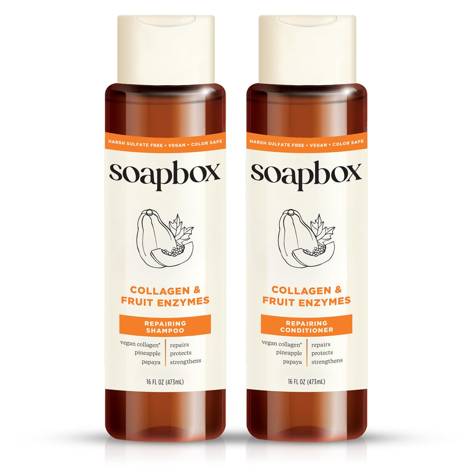 Soapbox front packaging showing bottles and product benefits for repair