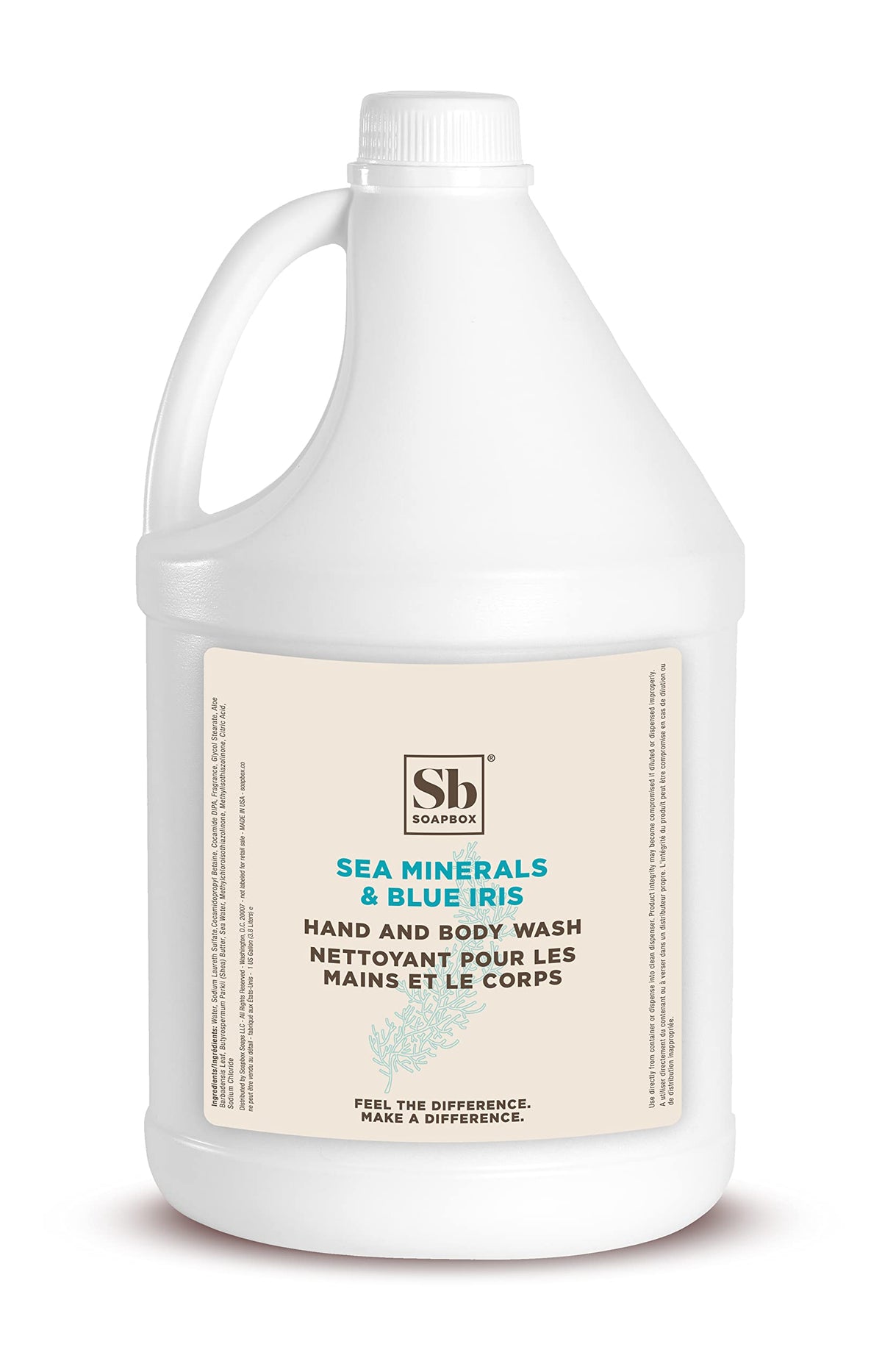 Soapbox front label on gallon bottle showing product name and benefits