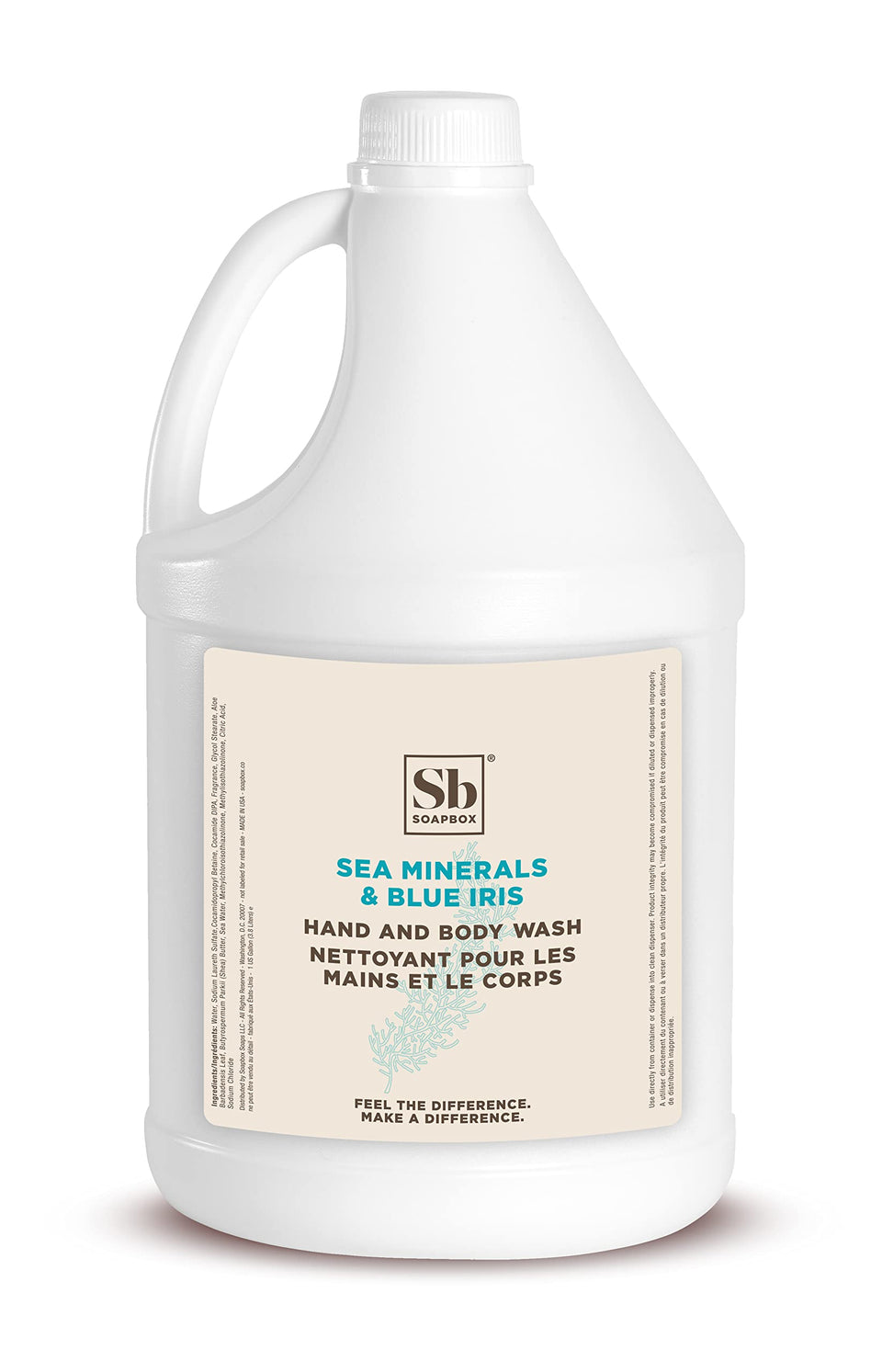 Soapbox front label on gallon bottle showing product name and benefits