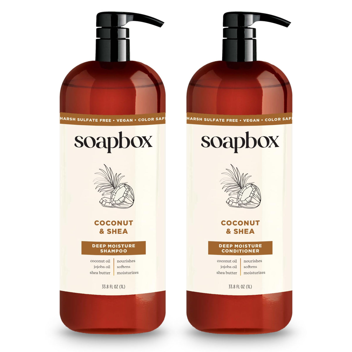 Soapbox front packaging showing 1L shampoo and conditioner, highlights hydration