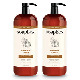 Soapbox front packaging showing 1L shampoo and conditioner, highlights hydration