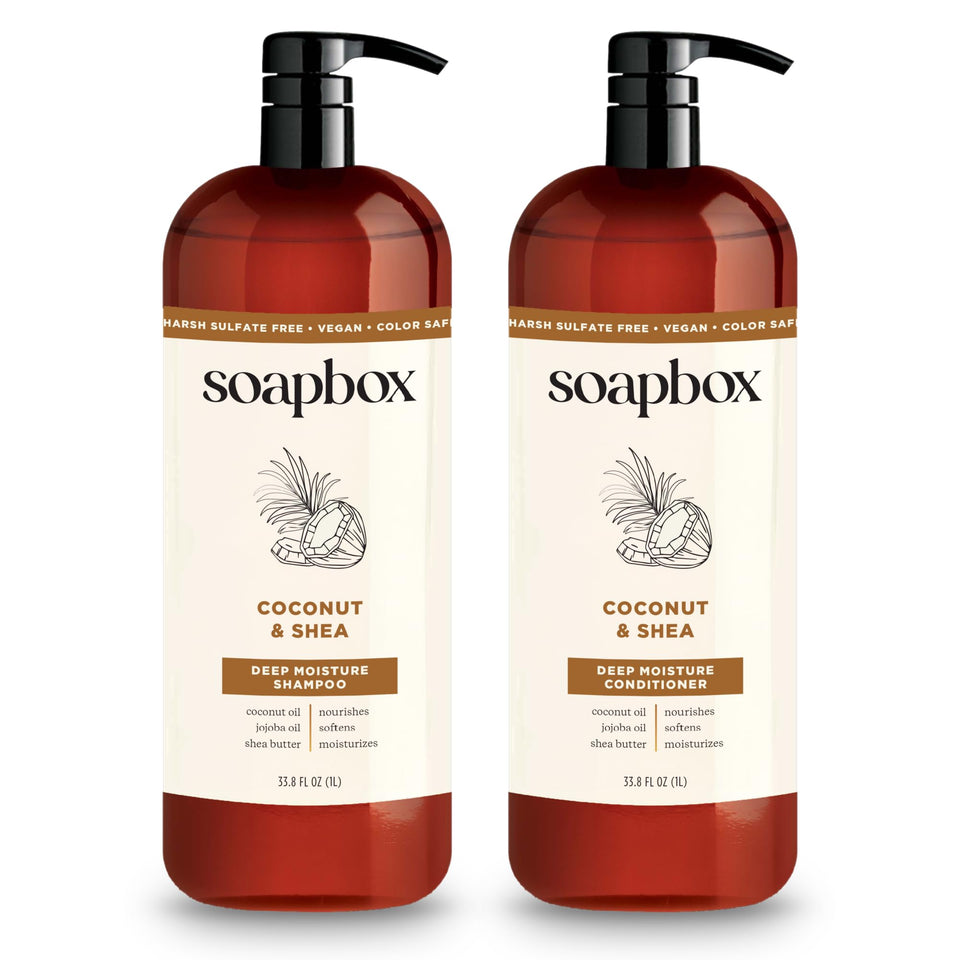 Soapbox front packaging showing 1L shampoo and conditioner, highlights hydration