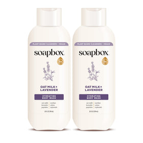Soapbox front packaging showing oatmilk and lavender, conveys gentle hydration