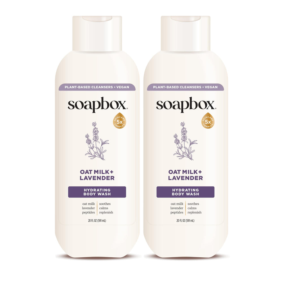 Soapbox front packaging showing oatmilk and lavender, conveys gentle hydration