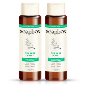 Soapbox front packaging showing shampoo and conditioner for balanced hair and scalp