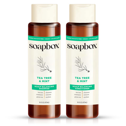 Soapbox front packaging showing shampoo and conditioner for balanced hair and scalp