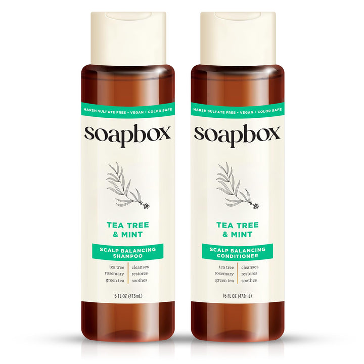 Soapbox front packaging showing shampoo and conditioner for balanced hair and scalp