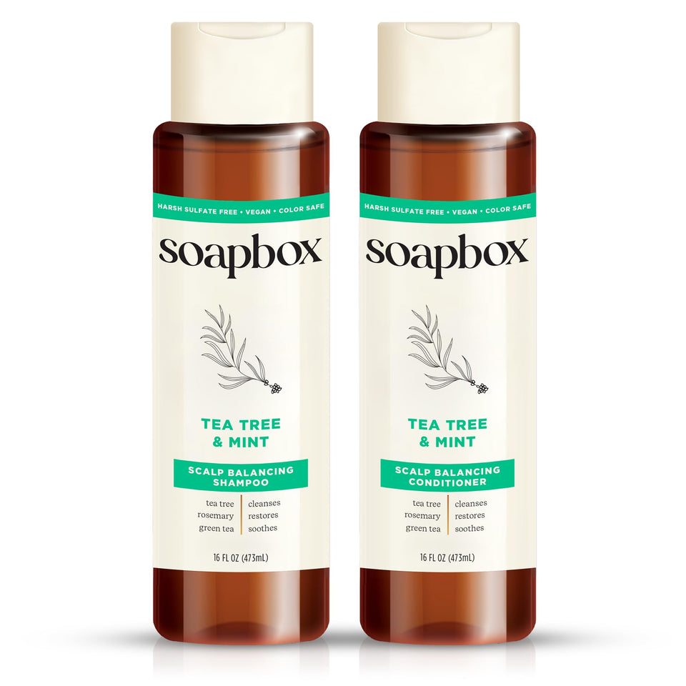 Soapbox front packaging showing shampoo and conditioner for balanced hair and scalp
