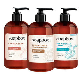 Soapbox three-bottle front packaging showing variety and easy placement