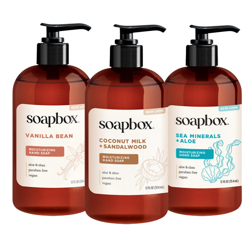 Soapbox three-bottle front packaging showing variety and easy placement