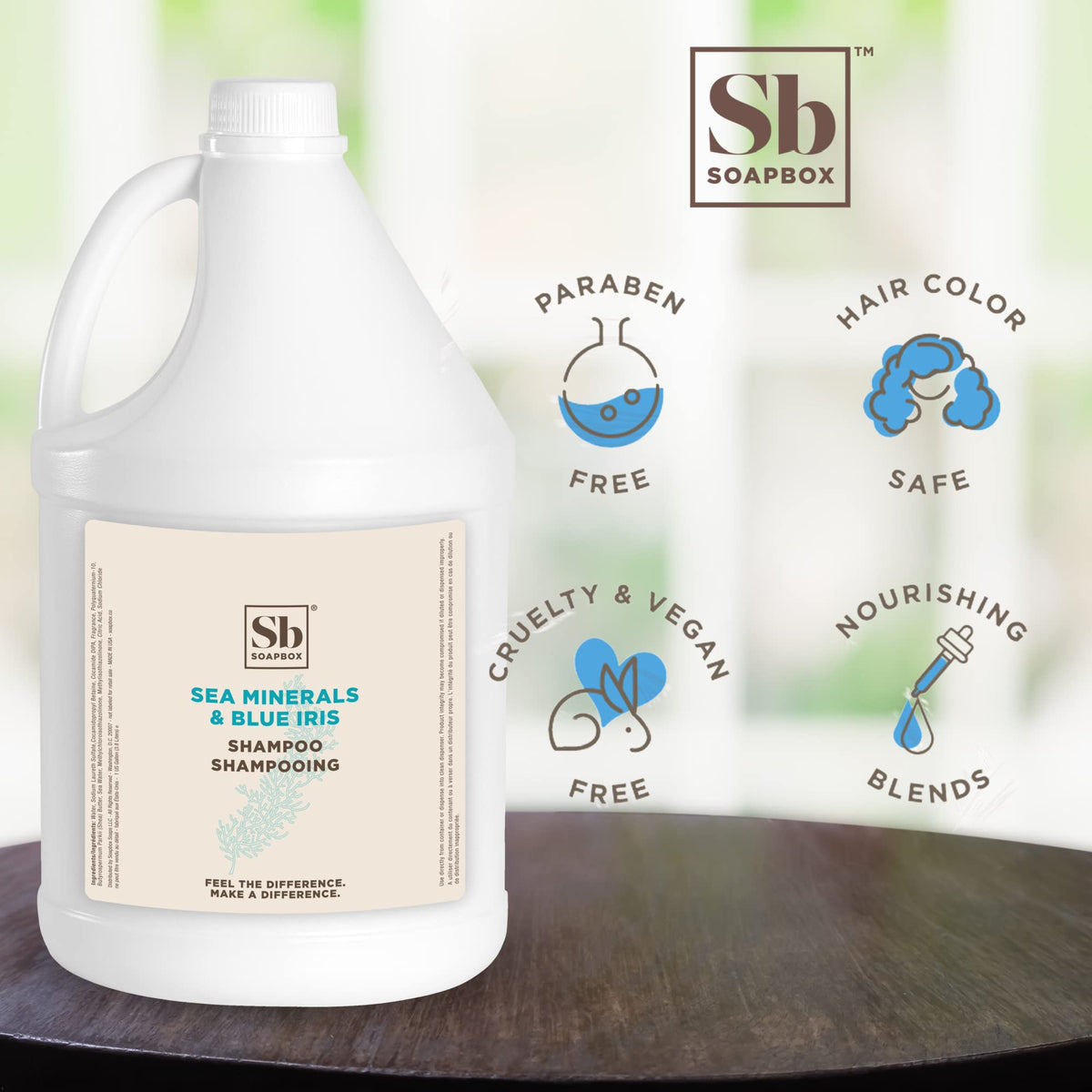 Soapbox gallon bottle next to a standard shampoo bottle for scale and cost savings