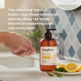 Soapbox bottle being pumped onto hands for easy controlled dispensing