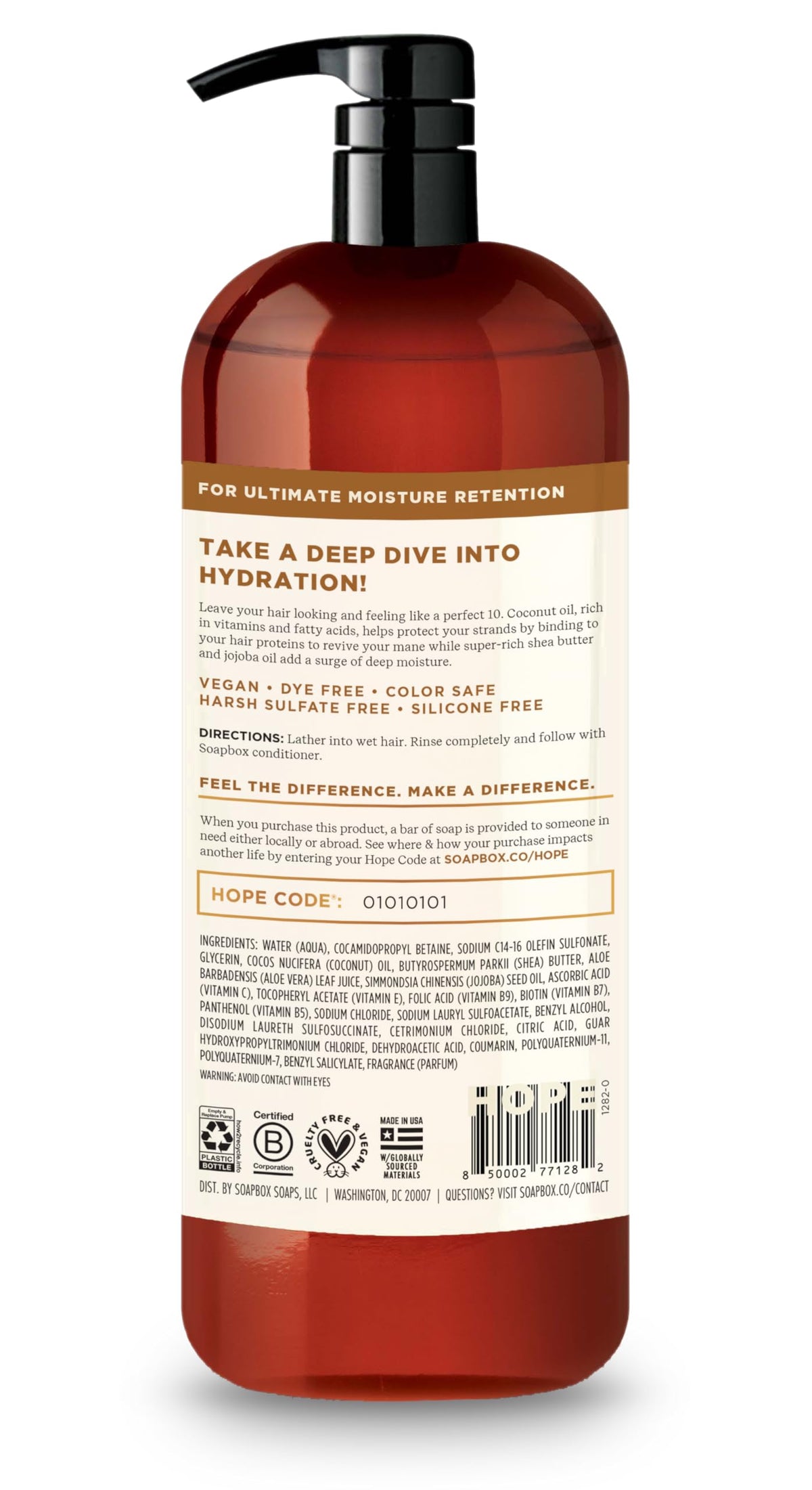 Soapbox ingredient display with coconut and jojoba oil, highlights natural nourishment